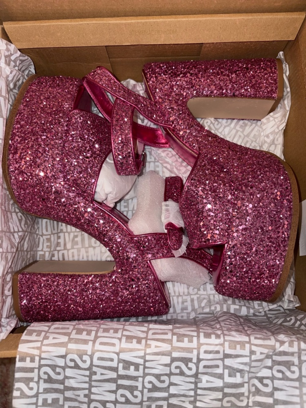 Steve Madden Hot Pink Glitter Platform Mary Jane Heels